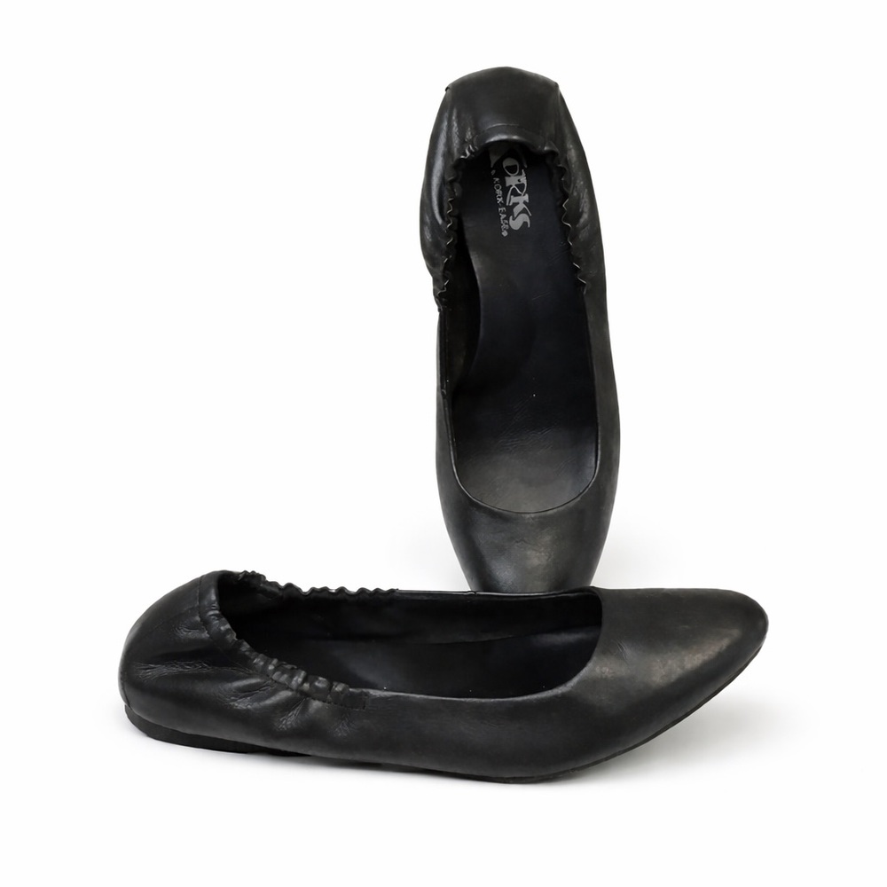 KORKS Women's Black Leather JULIE Almond Toe Ballet Flats 9.5